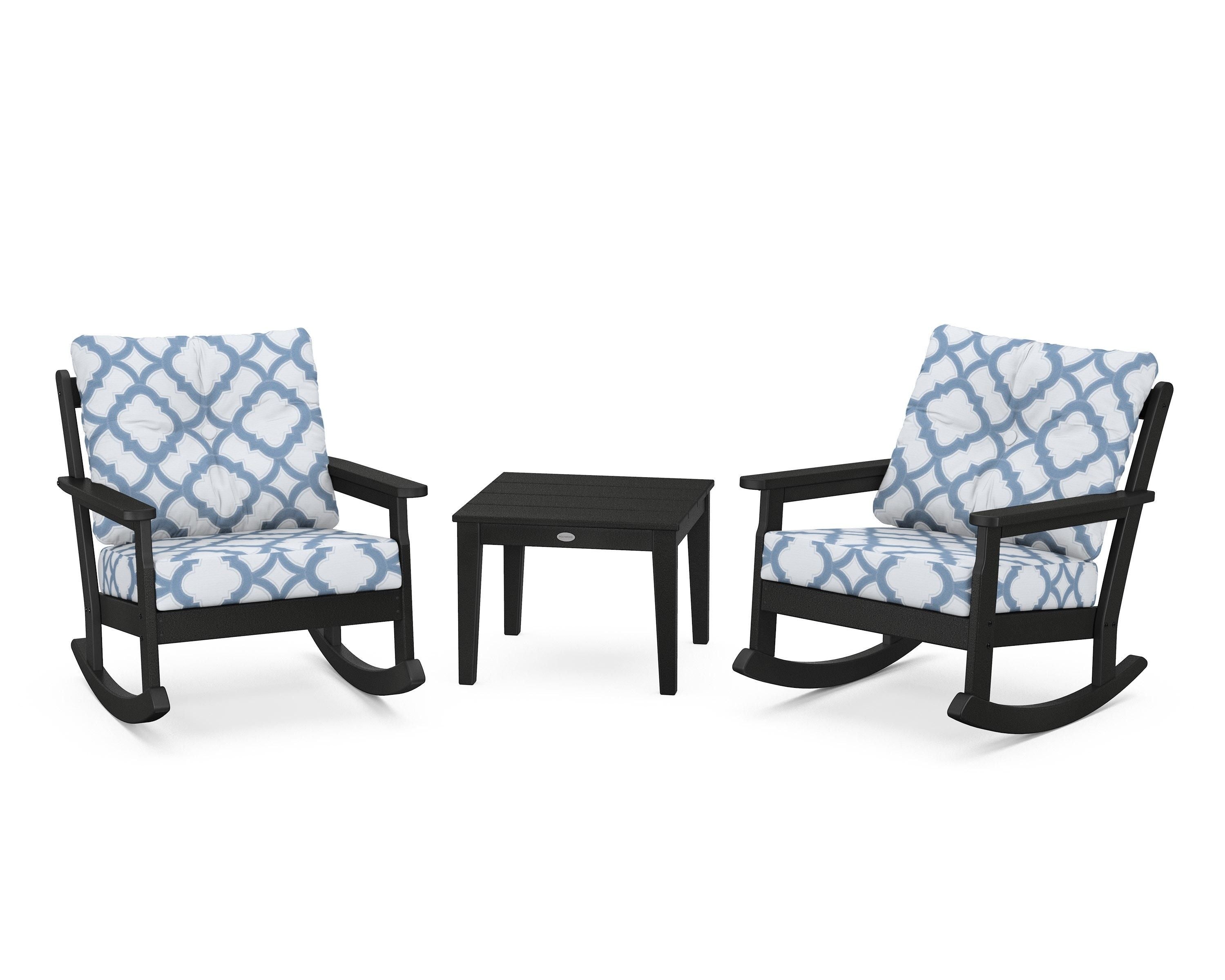 POLYWOOD® Vineyard 3-Piece Deep Seating Rocker Set in Black / Trellis Sky Blue