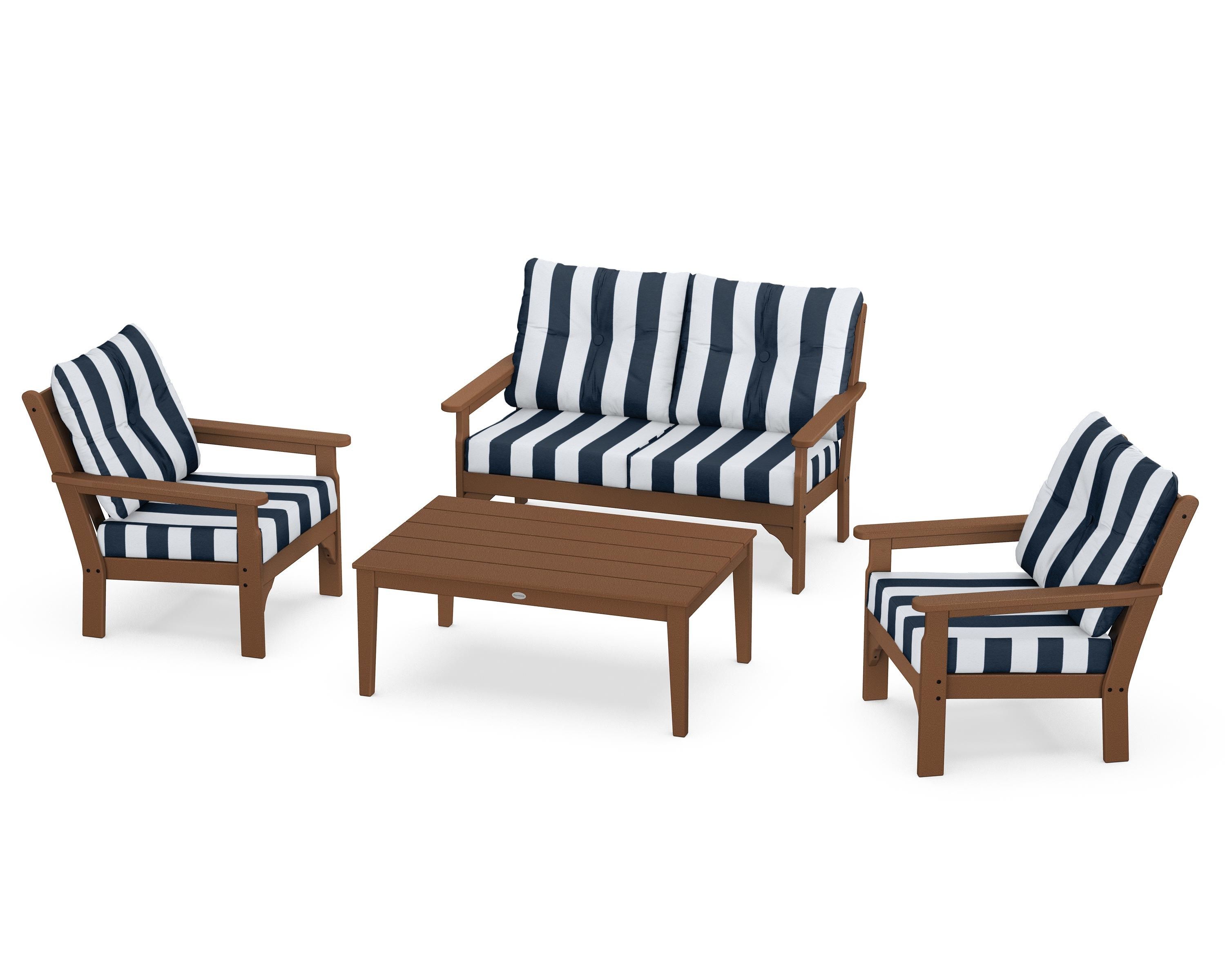 POLYWOOD® Vineyard 4-Piece Deep Seating Set in Teak / Cabana Stripe Marine Indigo