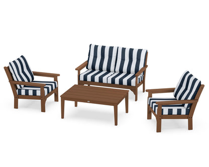 POLYWOOD® Vineyard 4-Piece Deep Seating Set in Teak / Cabana Stripe Marine Indigo