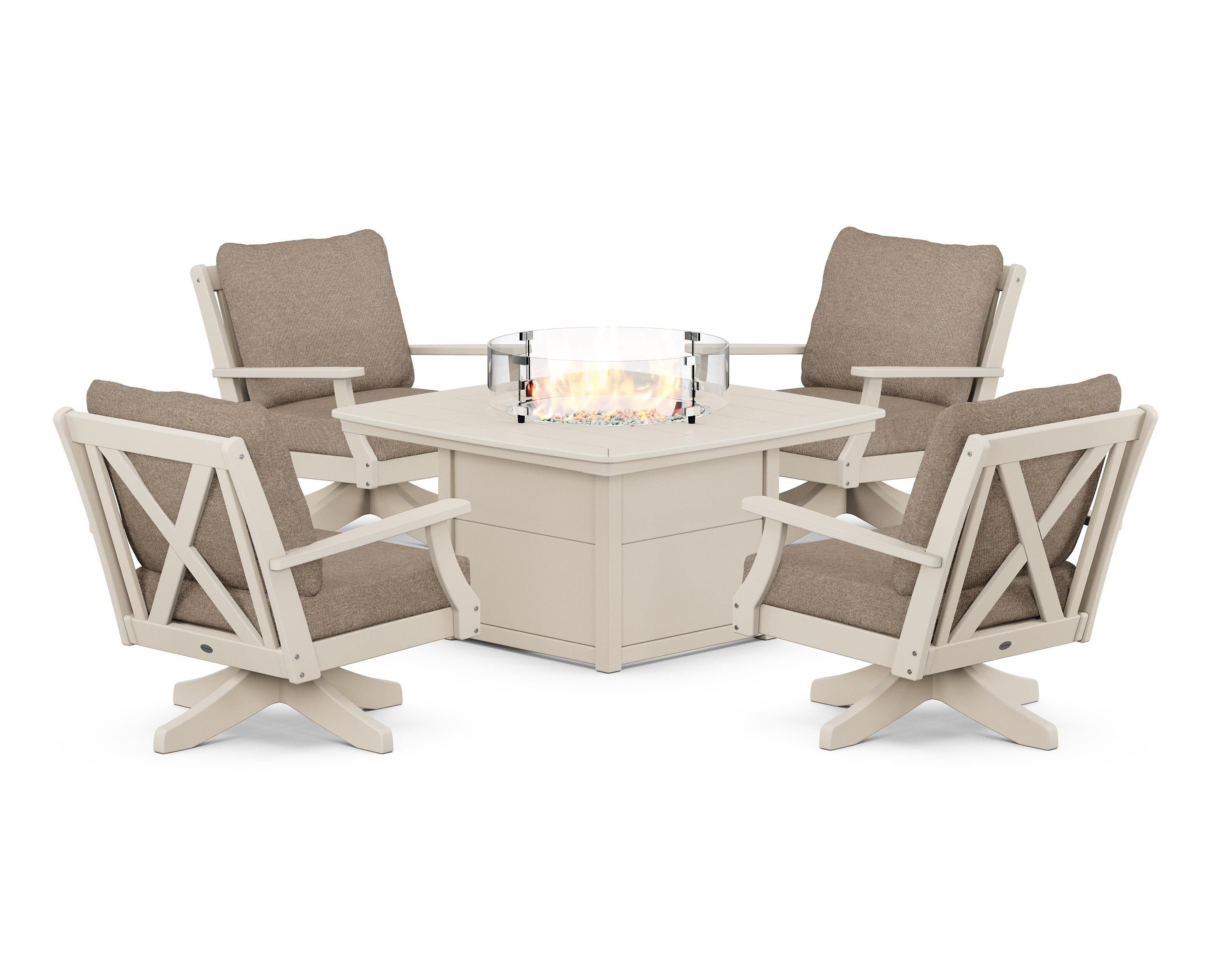 POLYWOOD® Braxton 5-Piece Deep Seating Swivel Conversation Set with Fire Pit Table in Sand / Spiced Burlap