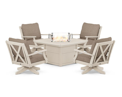 POLYWOOD® Braxton 5-Piece Deep Seating Swivel Conversation Set with Fire Pit Table in Sand / Spiced Burlap