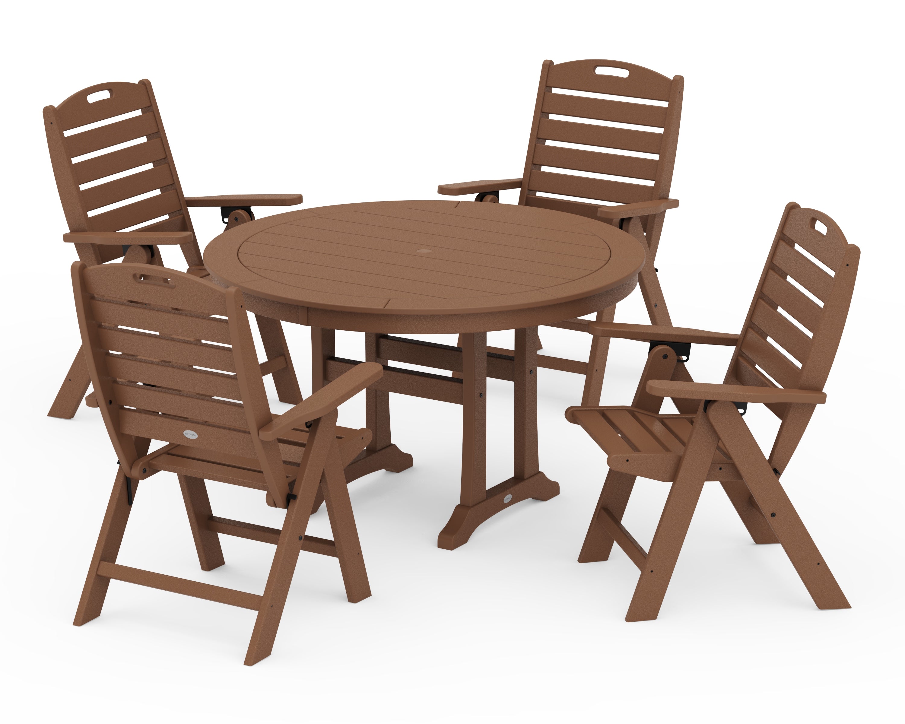 POLYWOOD® Nautical Highback Chair 5-Piece Round Dining Set with Trestle Legs in Teak