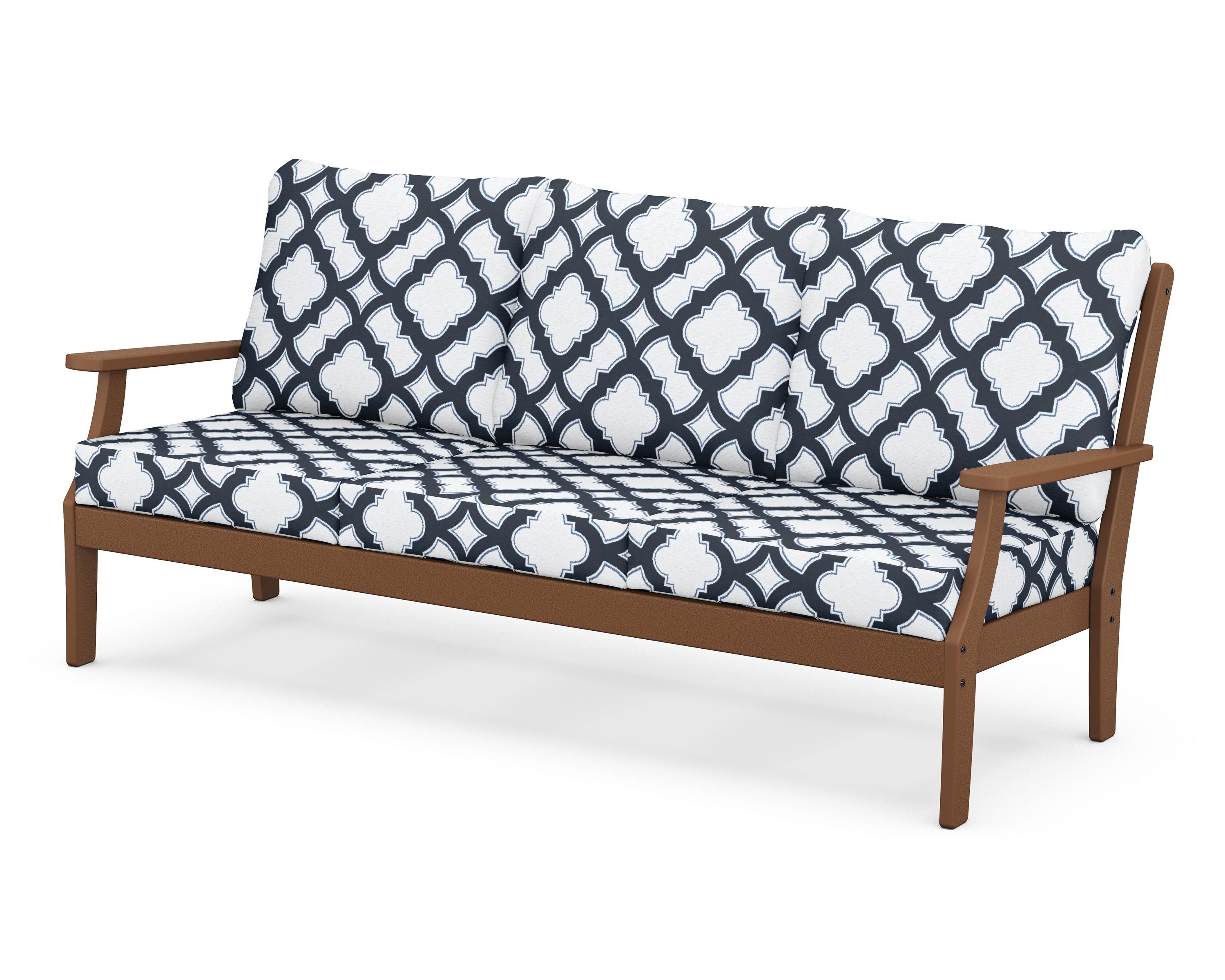 POLYWOOD® Braxton Deep Seating Sofa in Teak / Trellis Marine Indigo