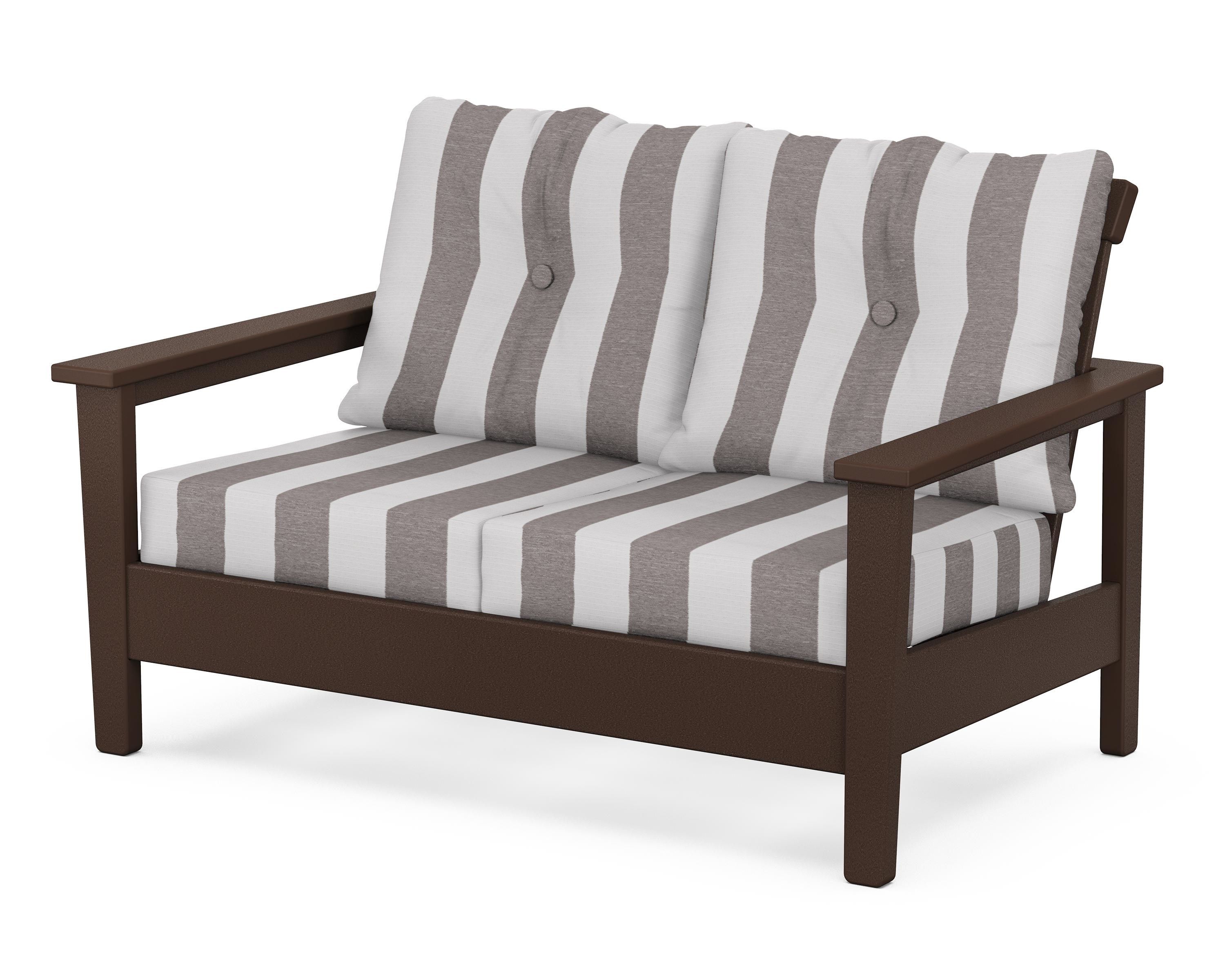 POLYWOOD® Prescott Deep Seating Loveseat in Mahogany / Cabana Stripe Grey Mist
