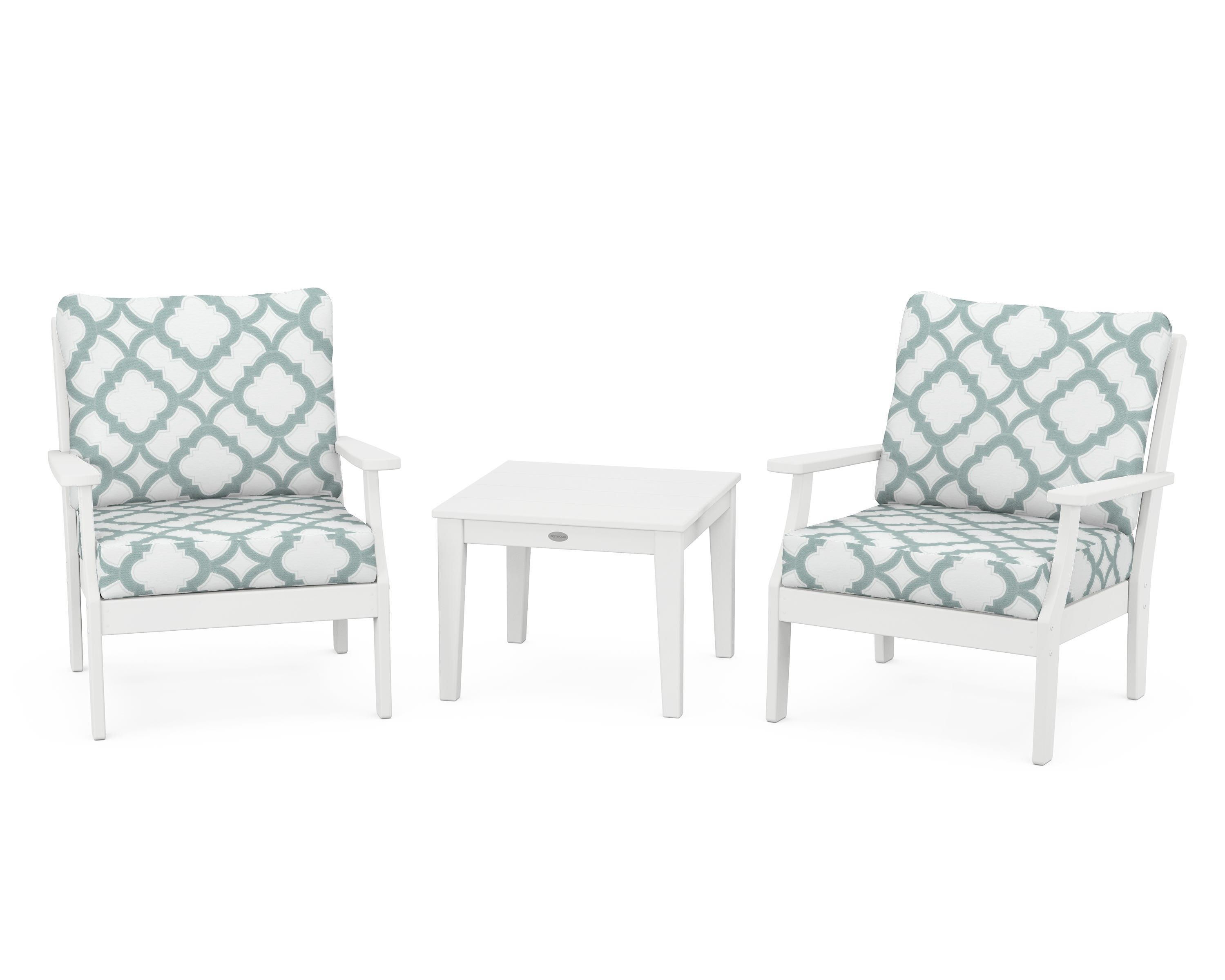 POLYWOOD® Braxton 3-Piece Deep Seating Set in White / Trellis Glacier Spa