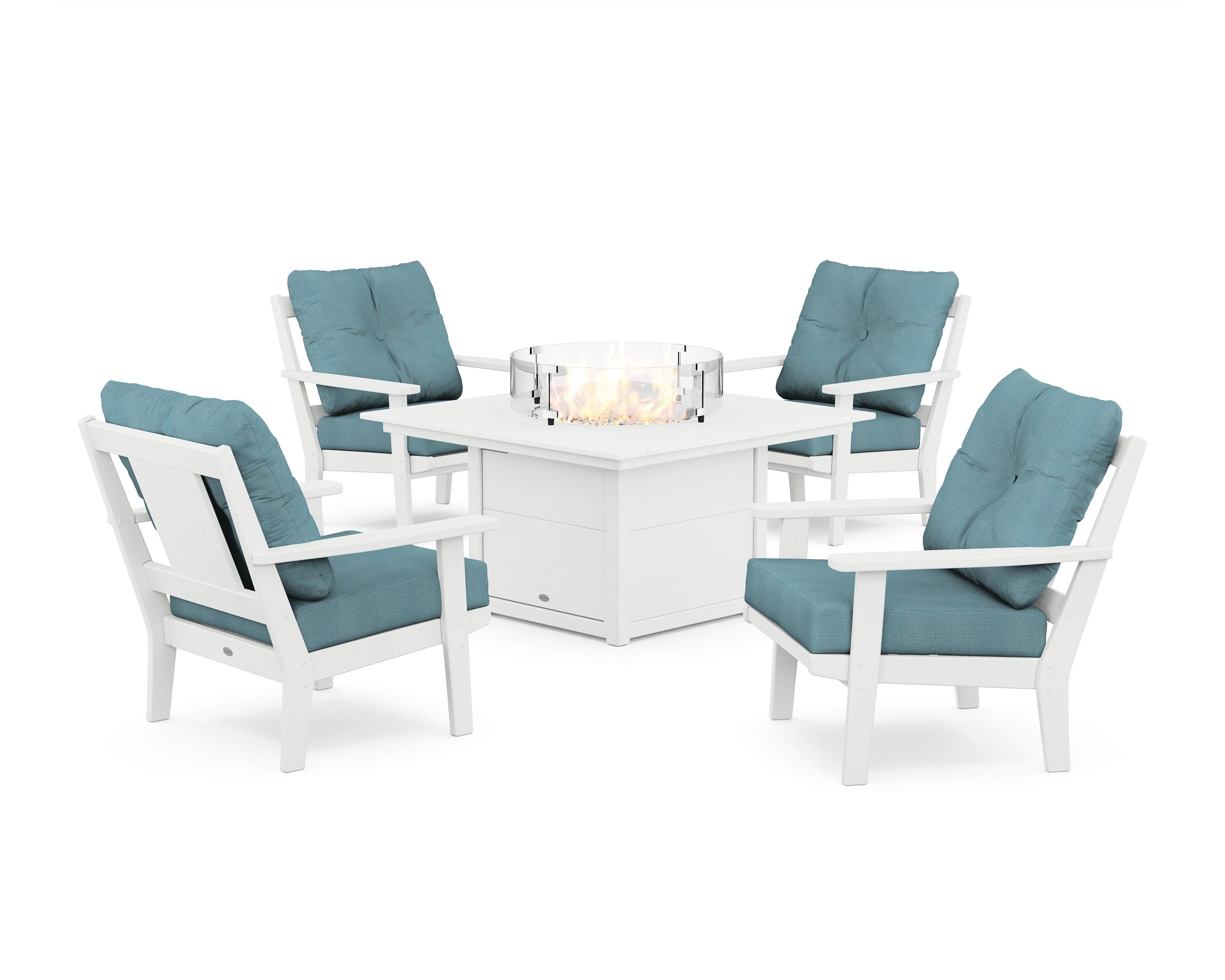 POLYWOOD® Prairie 5-Piece Deep Seating Set with Fire Pit Table in White / Lattice Sky Blue