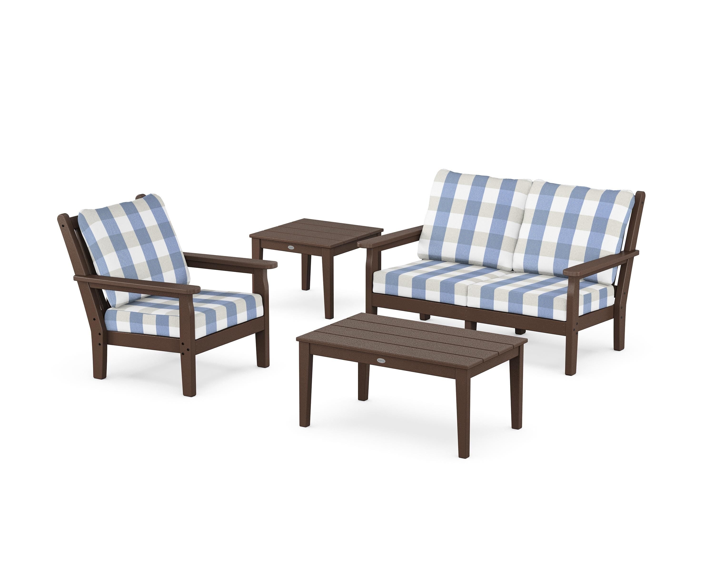 POLYWOOD® Chippendale 4-Piece Deep Seating Set in Mahogany / Buffalo Plaid Sky Blue
