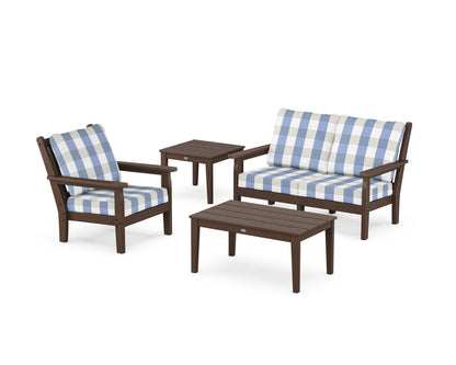 POLYWOOD® Chippendale 4-Piece Deep Seating Set in Mahogany / Buffalo Plaid Sky Blue