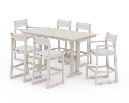 POLYWOOD® EDGE Sling 7-Piece Farmhouse Bar Set with Trestle Legs in Sand / White Sling
