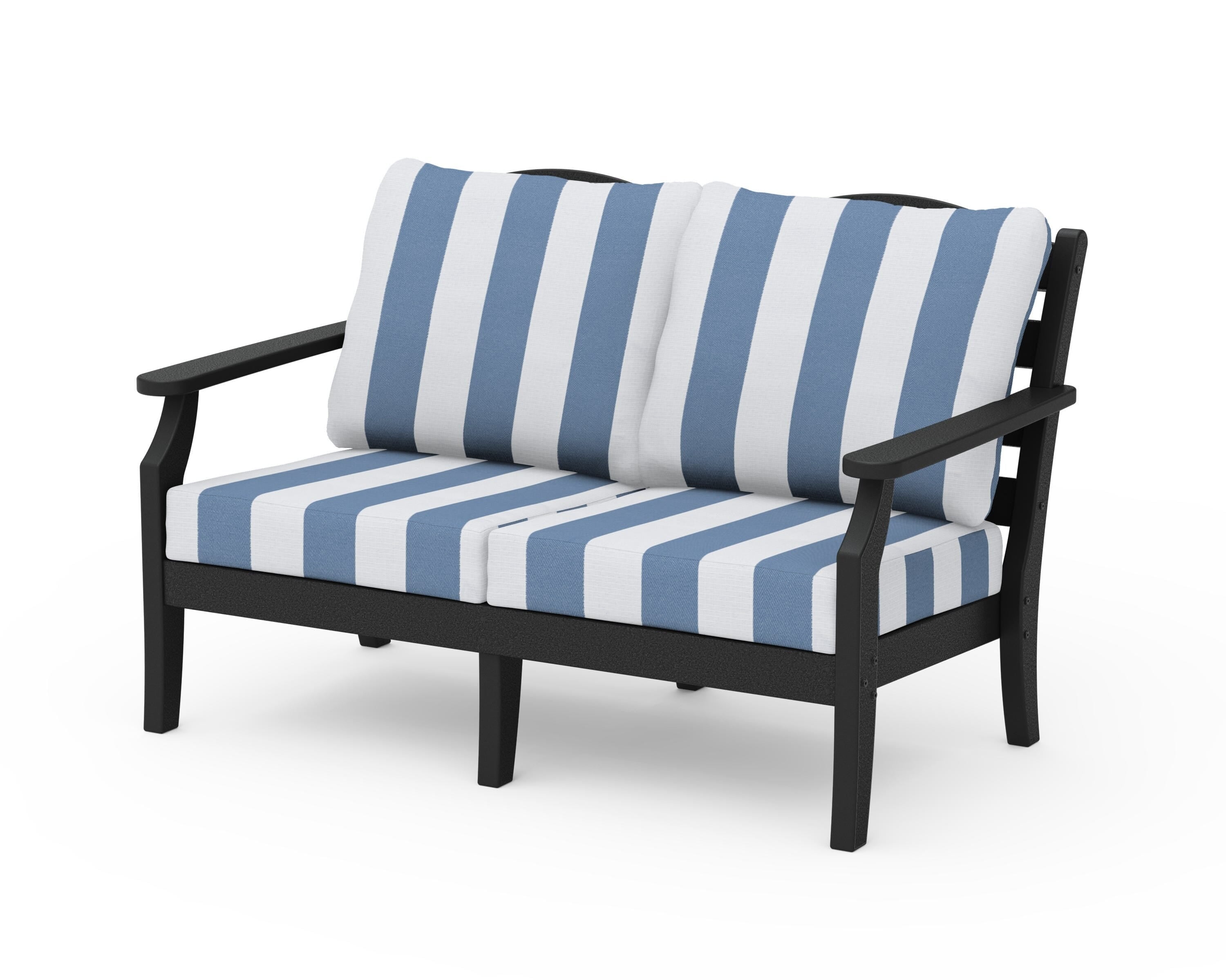 Draper James™ by  POLYWOOD® Savannah Deep Seating Loveseat in Black / Cabana Stripe Sky Blue