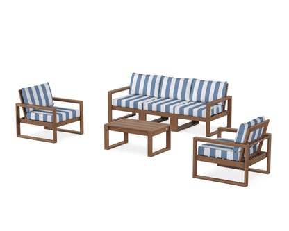 POLYWOOD® EDGE Sectional 4-Piece Deep Seating Set with Sofa in Teak / Cabana Stripe Sky Blue