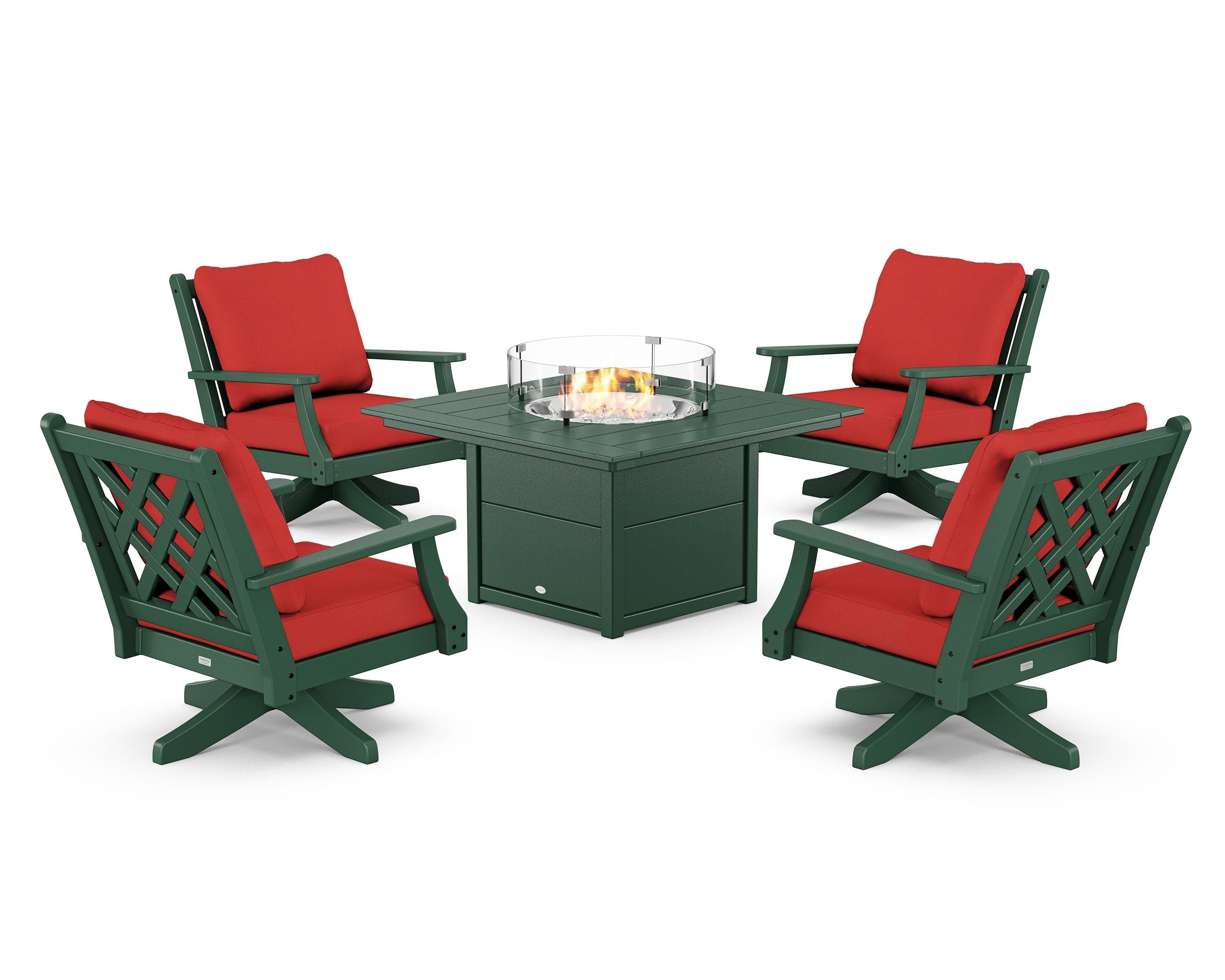 Country Living Wovendale 5-Piece Deep Seating Swivel Conversation Set with Fire Pit Table in Green / Crimson Linen