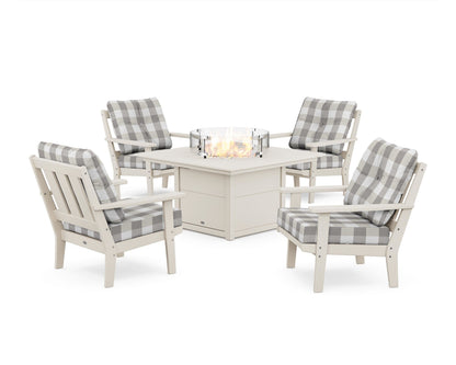 POLYWOOD® Oxford 5-Piece Deep Seating Set with Fire Pit Table in Sand / Buffalo Plaid Grey Mist