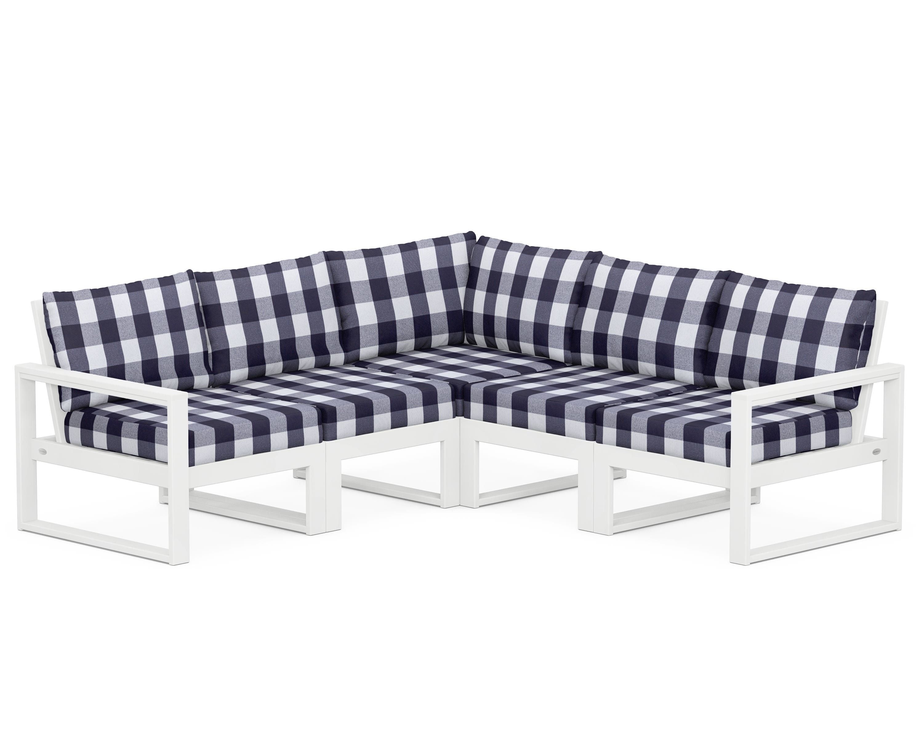 POLYWOOD® EDGE 5-Piece Modular Deep Seating Set in White / Buffalo Plaid Navy