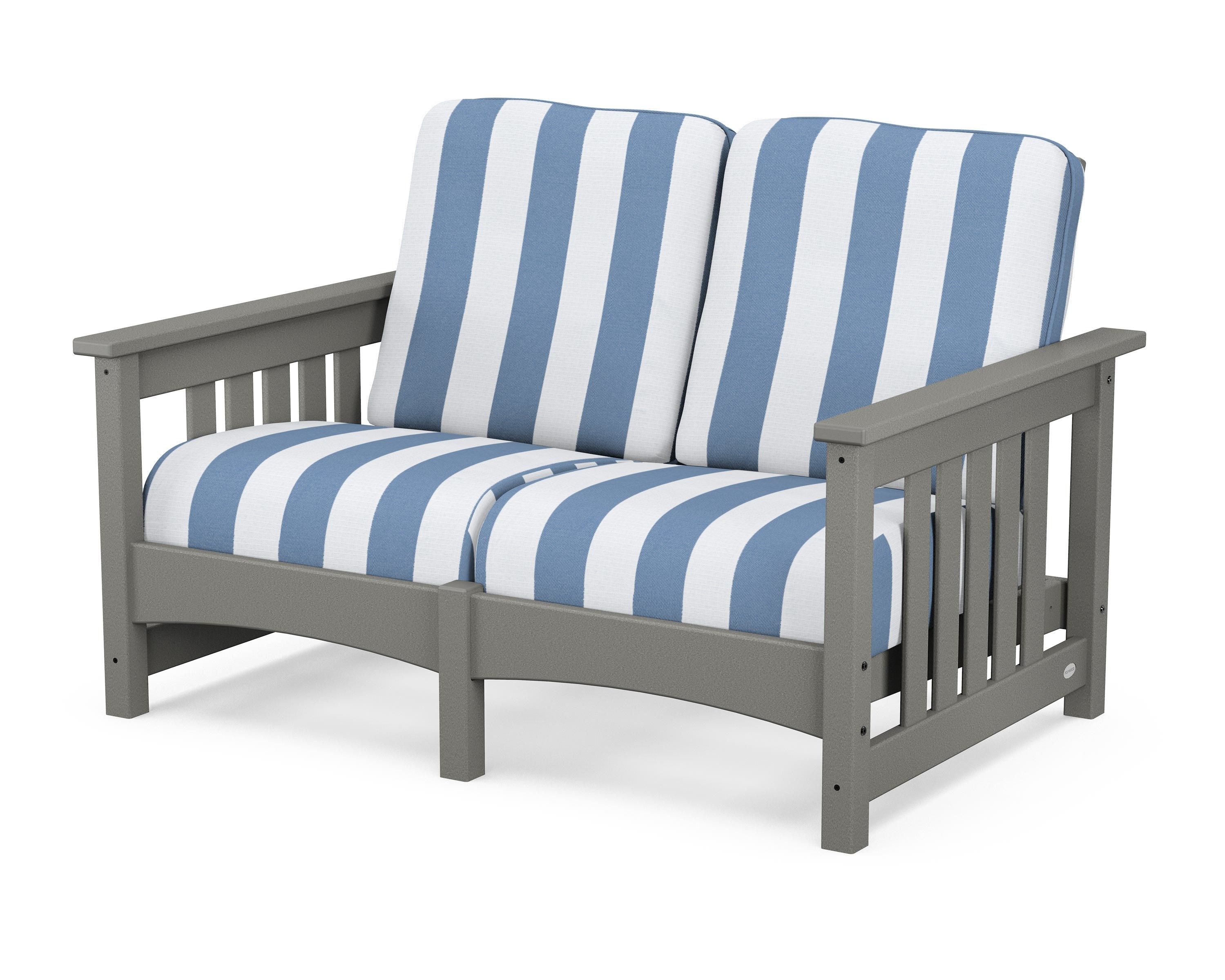 POLYWOOD® Club Mission Loveseat in Slate Grey / Cabana Stripe Sky Blue