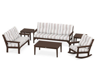 POLYWOOD® Vineyard 6-Piece Deep Seating Set in Mahogany / Cabana Stripe Dune Burlap