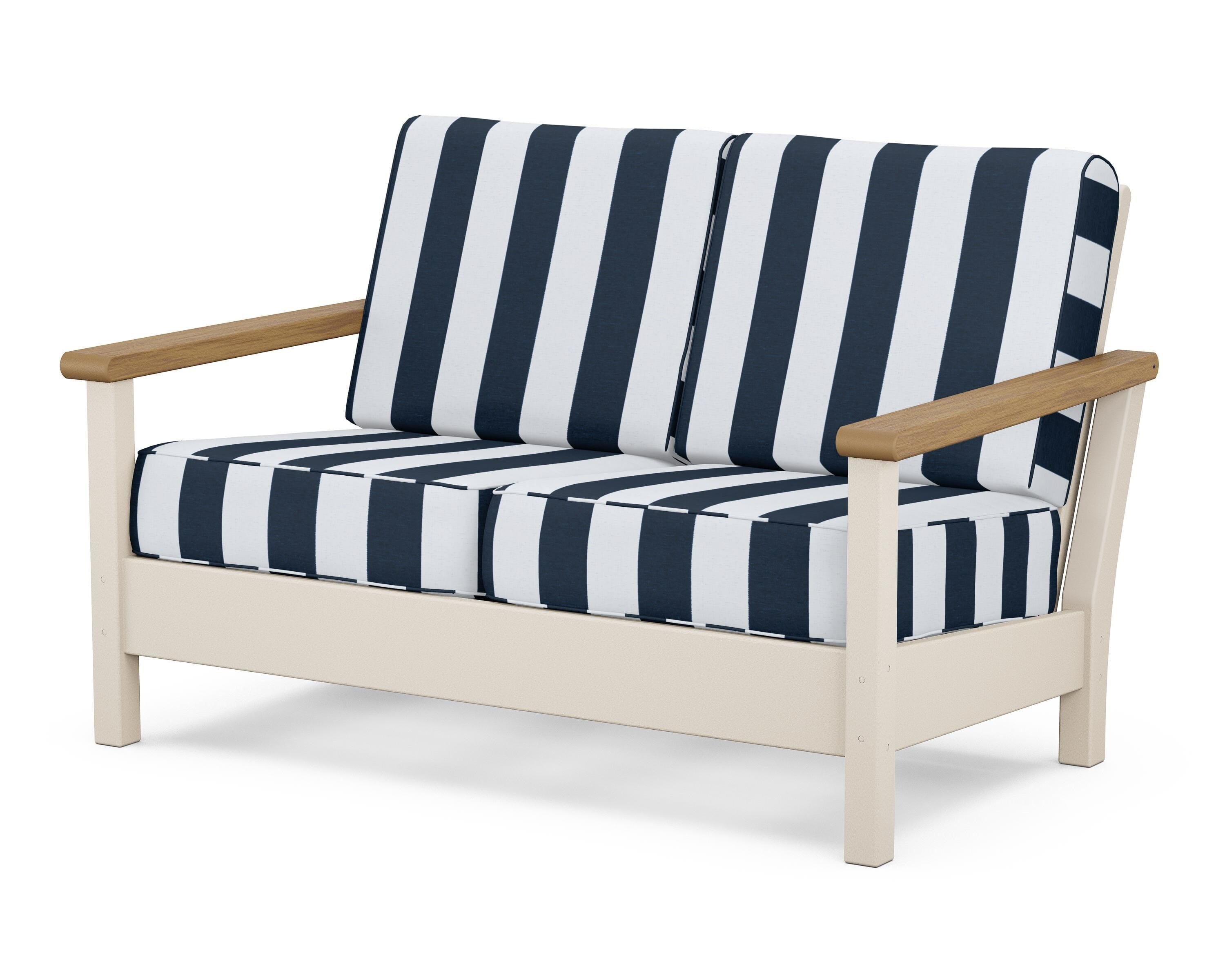 POLYWOOD® Harbour Deep Seating Loveseat in Sand / Natural / Cabana Stripe Marine Indigo