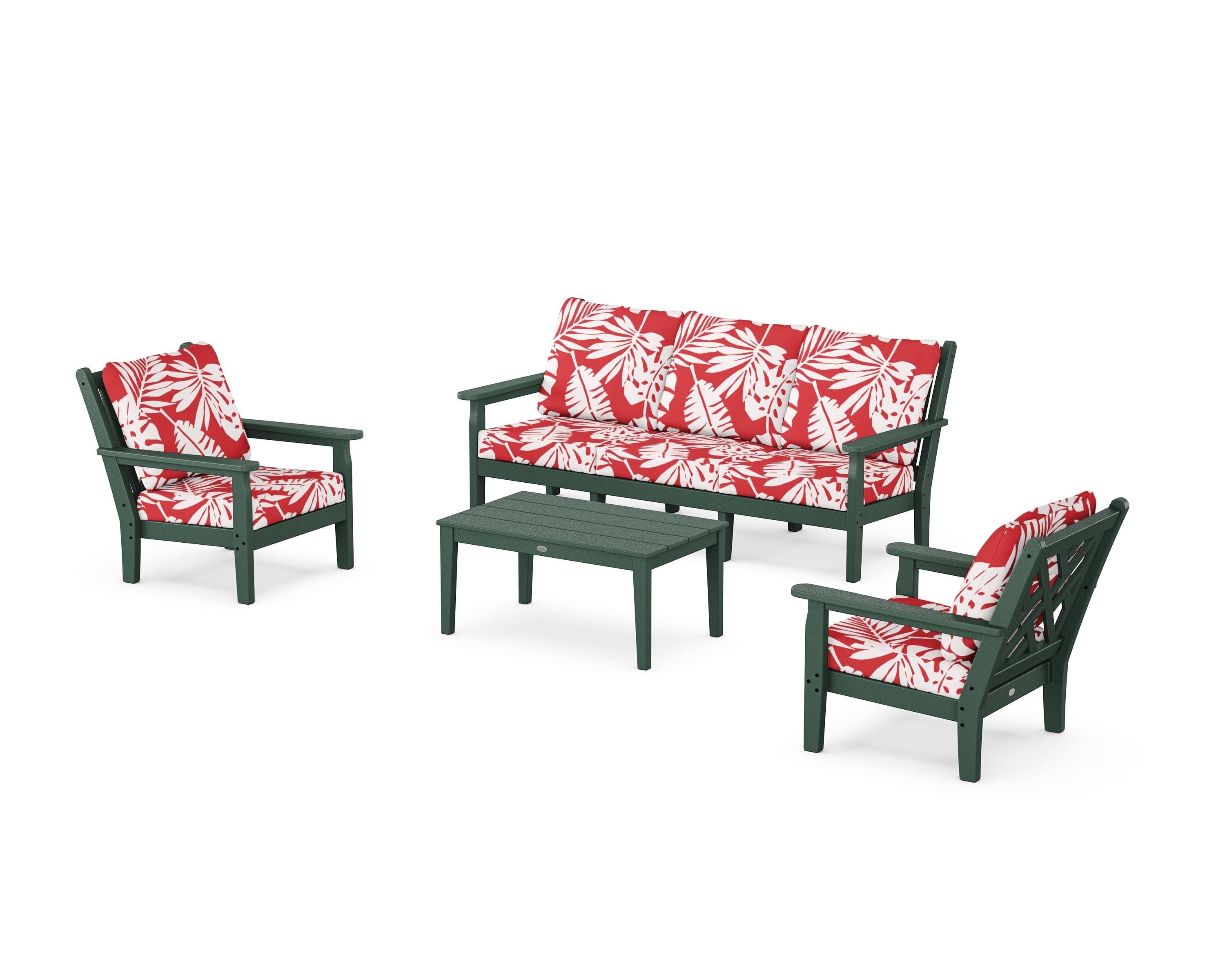 POLYWOOD® Chippendale 4-Piece Deep Seating Set with Sofa in Green / Leaf Crimson