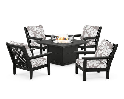 POLYWOOD® Chippendale 5-Piece Deep Seating Set with Fire Pit Table in Black / Leaf Grey Mist