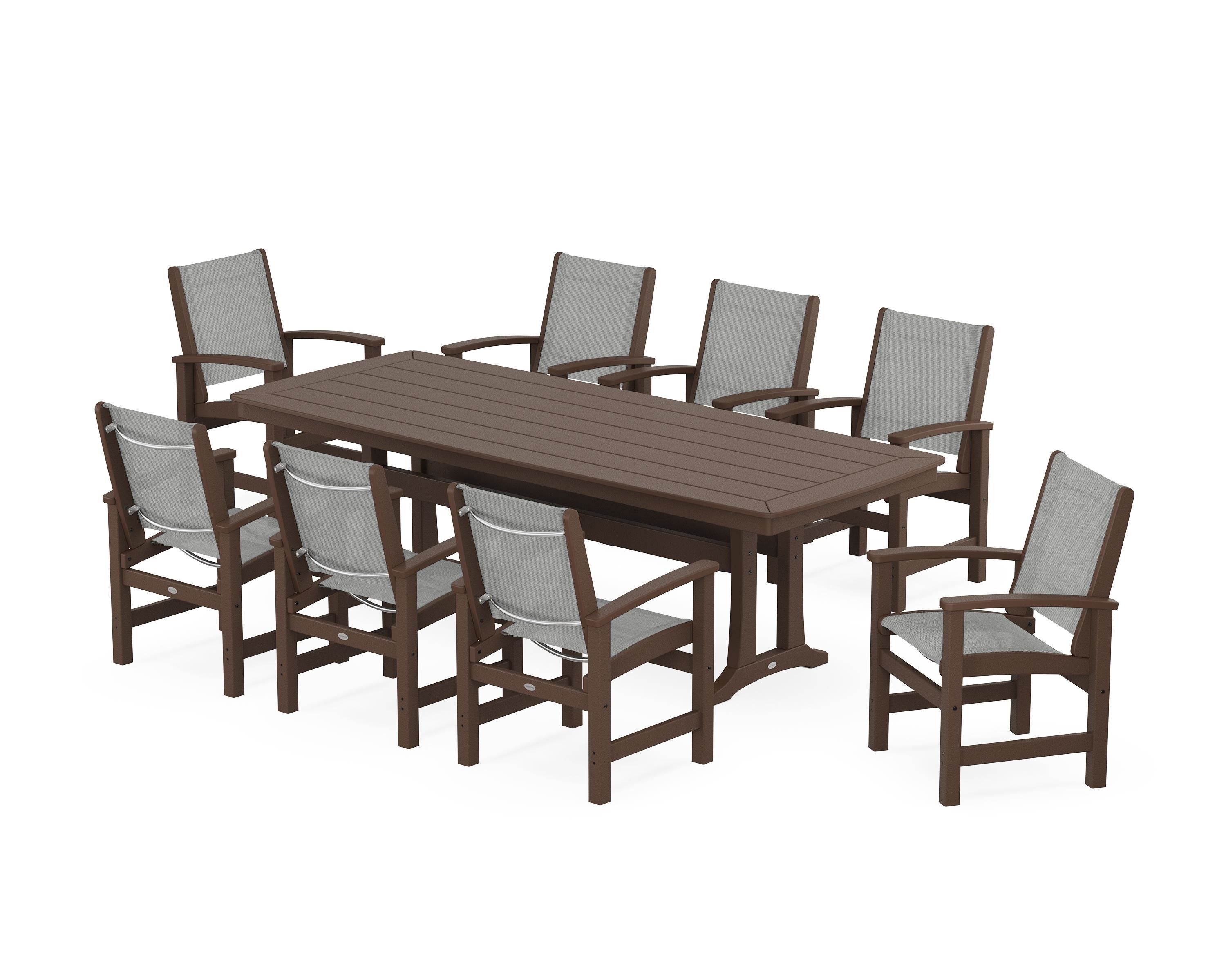 POLYWOOD® Coastal 9-Piece Dining Set with Trestle Legs in Mahogany / Metallic Sling