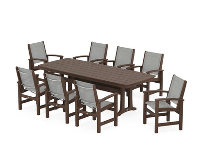 POLYWOOD® Coastal 9-Piece Dining Set with Trestle Legs in Mahogany / Metallic Sling