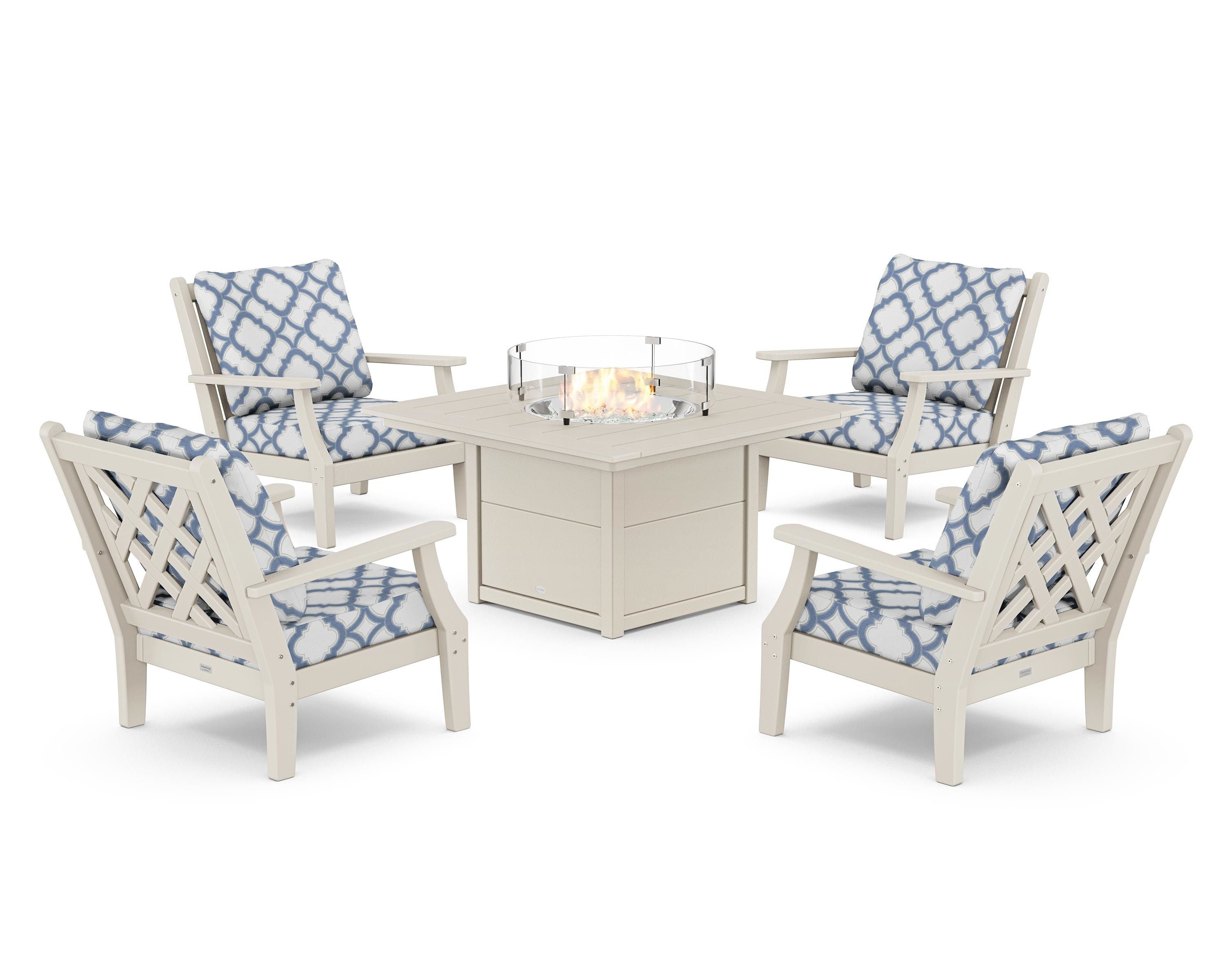 Country Living Wovendale 5-Piece Deep Seating Set with Fire Pit Table in Sand / Trellis Sky Blue