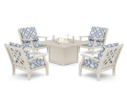 Country Living Wovendale 5-Piece Deep Seating Set with Fire Pit Table in Sand / Trellis Sky Blue