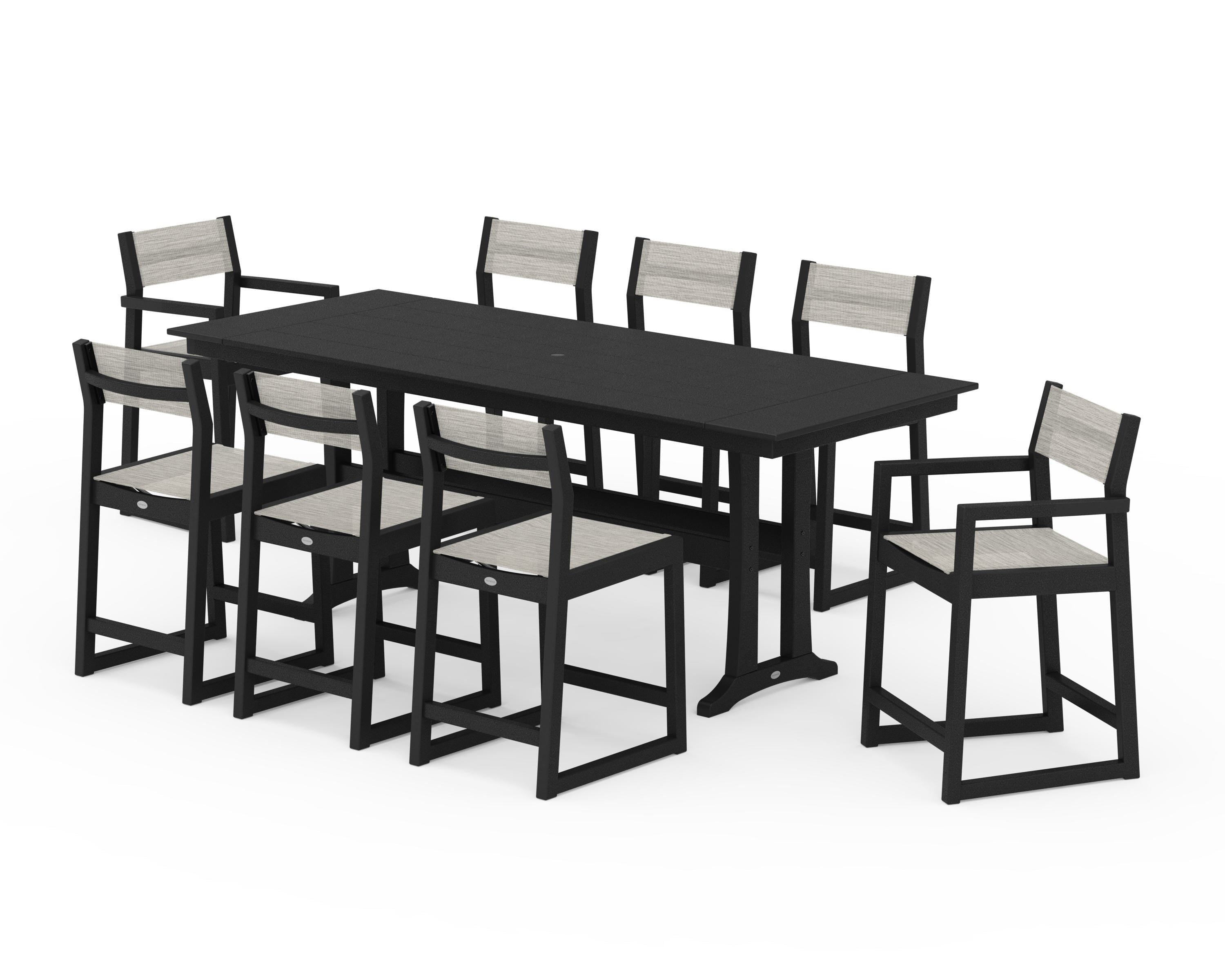 POLYWOOD® EDGE Sling 9-Piece Farmhouse Counter Set with Trestle Legs in Black / Birch Sling