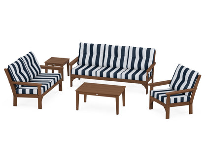POLYWOOD® Vineyard 5 Piece Deep Seating Set in Teak / Cabana Stripe Marine Indigo