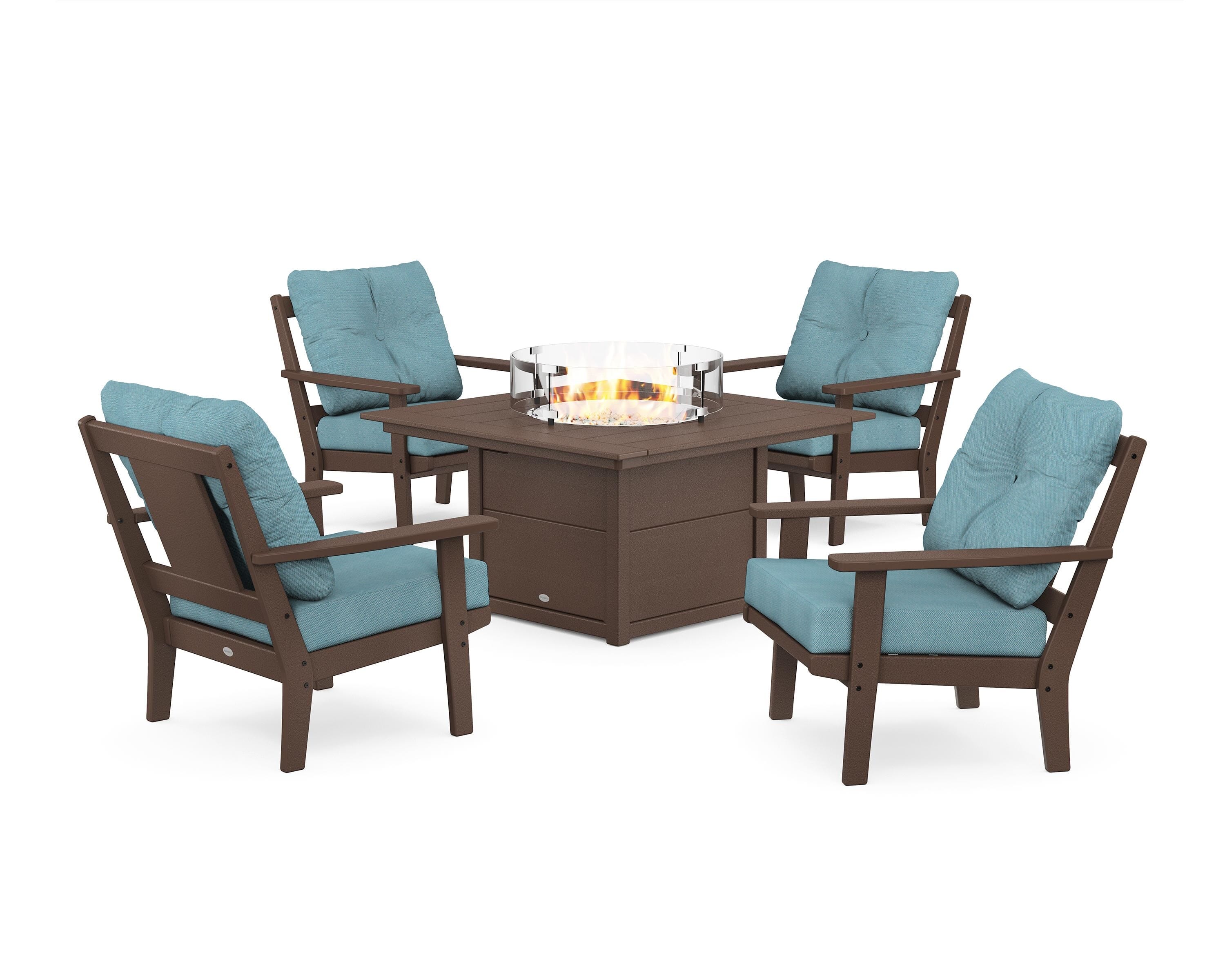 POLYWOOD® Prairie 5-Piece Deep Seating Set with Fire Pit Table in Mahogany / Lattice Sky Blue