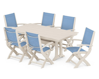 POLYWOOD® Coastal Folding Arm Chair 7-Piece Farmhouse Dining Set with Trestle Legs in Sand / Poolside Sling