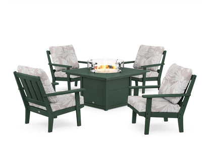 POLYWOOD® Oxford 5-Piece Deep Seating Set with Fire Pit Table in Green / Leaf Dune Burlap