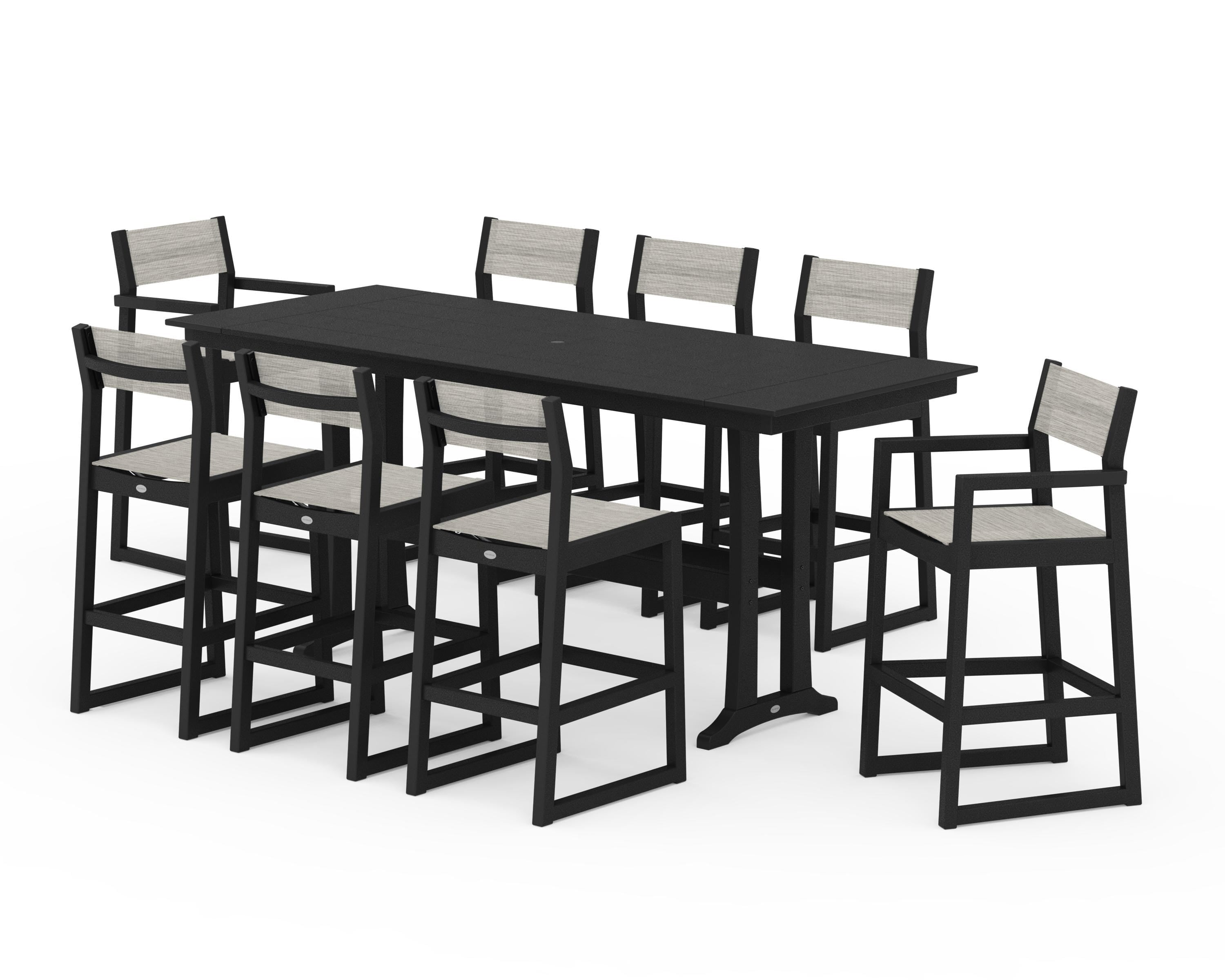 POLYWOOD® EDGE Sling 9-Piece Farmhouse Bar Set with Trestle Legs in Black / Birch Sling