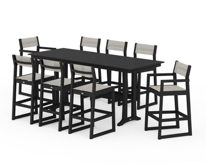 POLYWOOD® EDGE Sling 9-Piece Farmhouse Bar Set with Trestle Legs in Black / Birch Sling
