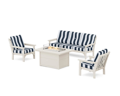 POLYWOOD® Vineyard Deep Seating Fire Pit Table Set in Sand / Cabana Stripe Marine Indigo
