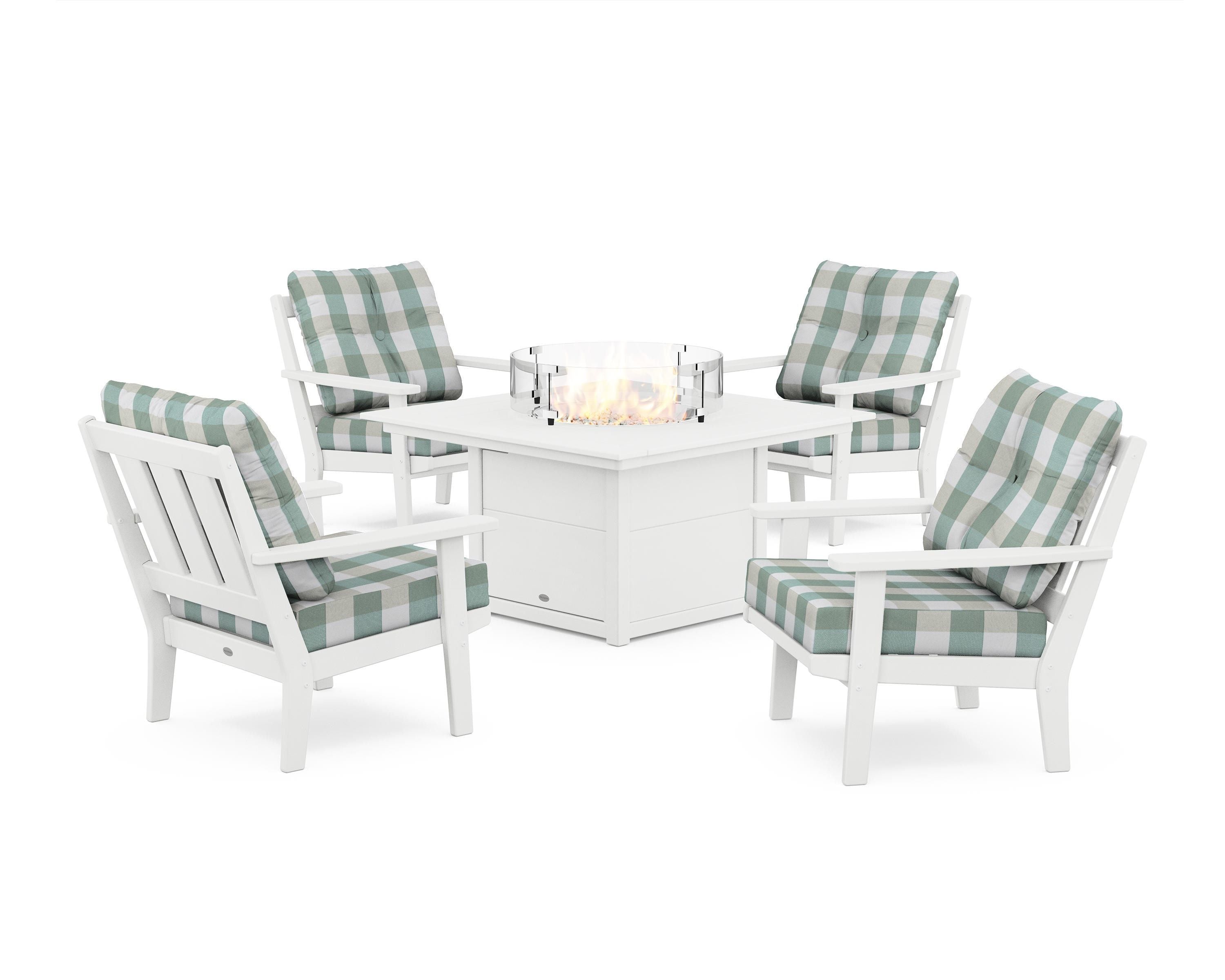 POLYWOOD® Oxford 5-Piece Deep Seating Set with Fire Pit Table in White / Buffalo Plaid Glacier Spa