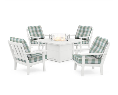 POLYWOOD® Oxford 5-Piece Deep Seating Set with Fire Pit Table in White / Buffalo Plaid Glacier Spa