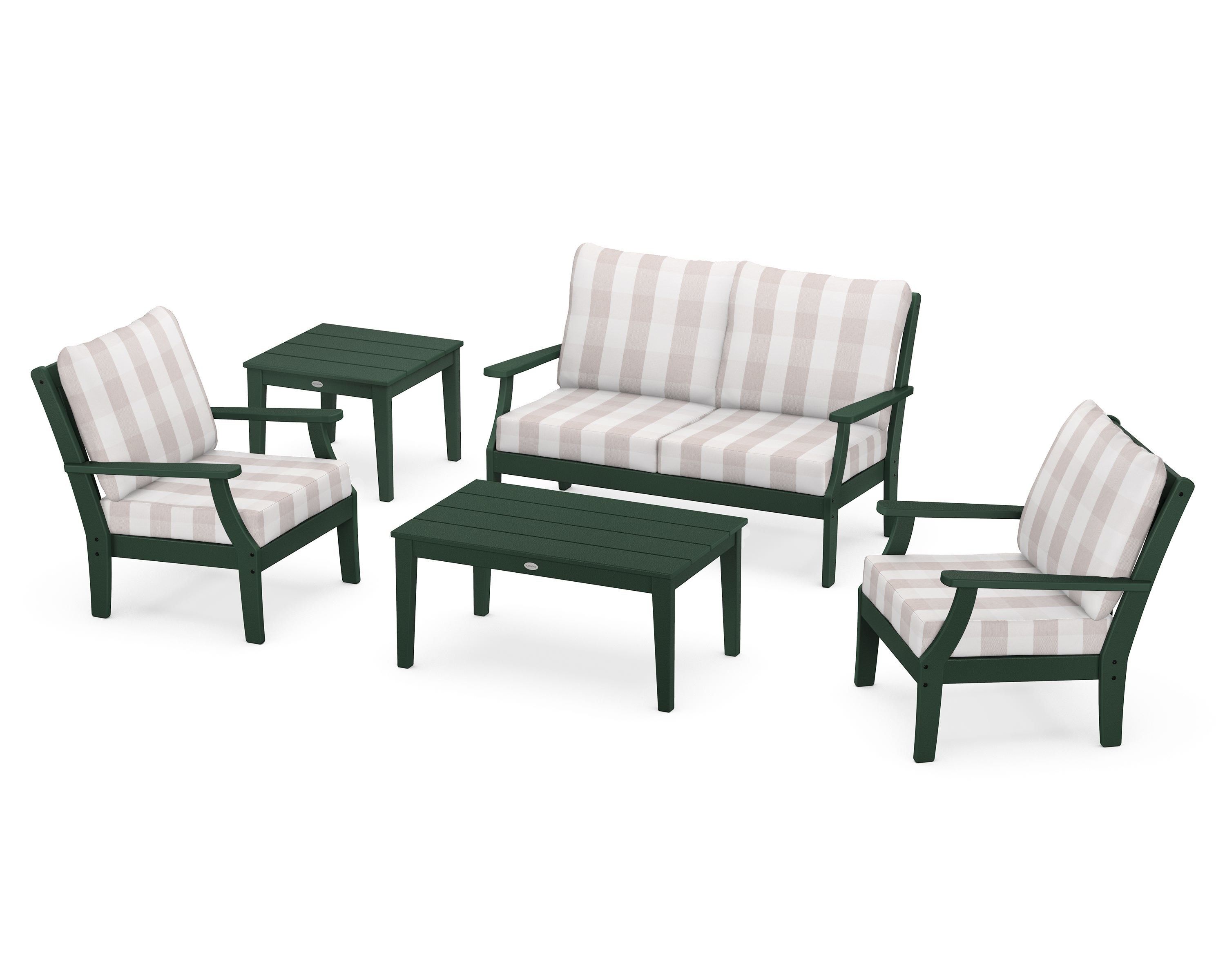 POLYWOOD® Braxton 5-Piece Deep Seating Set in Green / Buffalo Plaid Dune Burlap