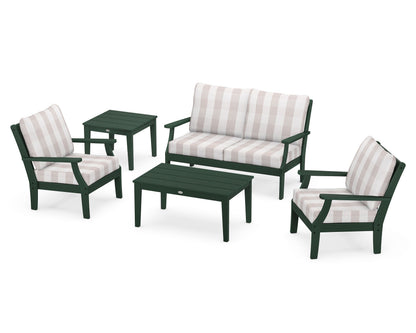 POLYWOOD® Braxton 5-Piece Deep Seating Set in Green / Buffalo Plaid Dune Burlap