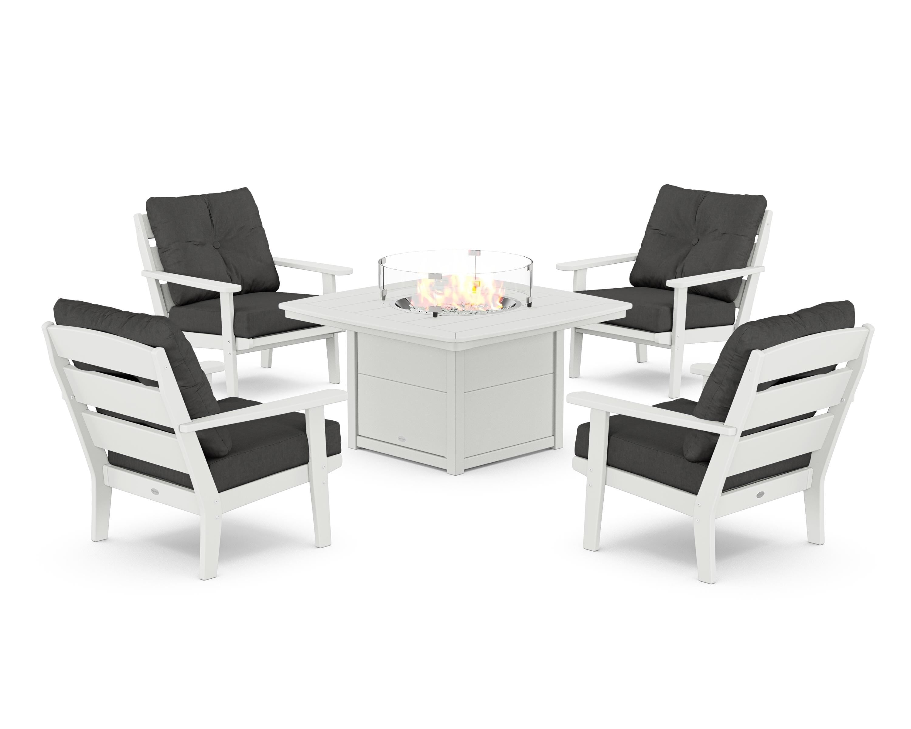 POLYWOOD® Lakeside 5-Piece Deep Seating Set with Nautical Fire Pit Table in White / Spectrum Carbon