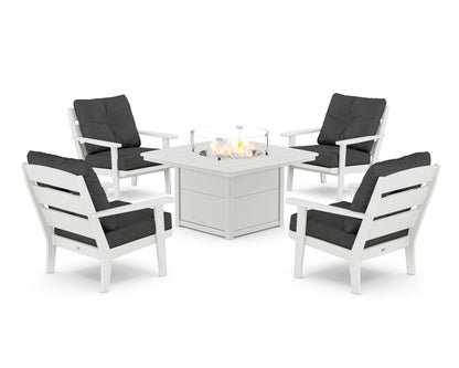 POLYWOOD® Lakeside 5-Piece Deep Seating Set with Nautical Fire Pit Table in White / Spectrum Carbon
