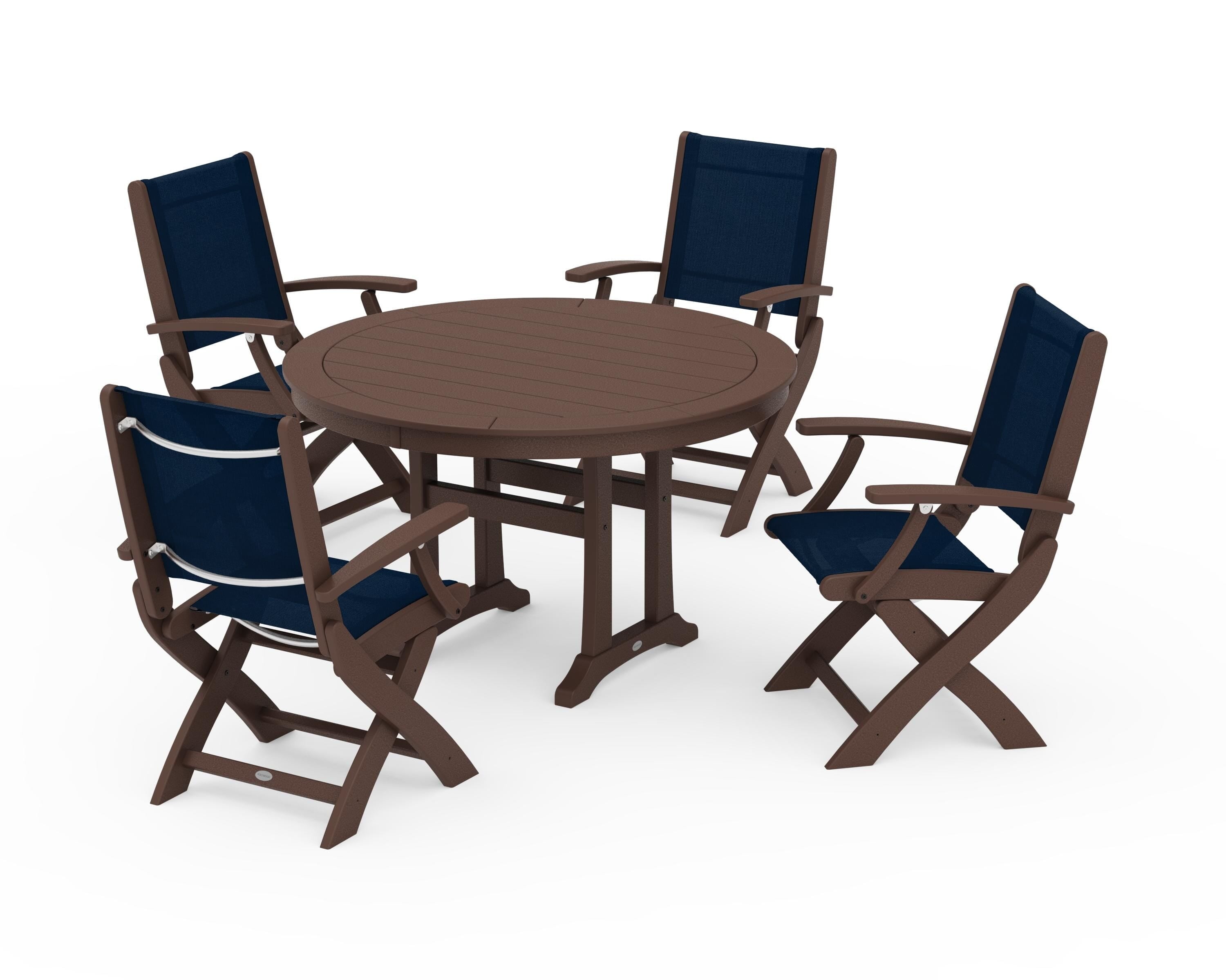 POLYWOOD® Coastal Folding Chair 5-Piece Round Dining Set with Trestle Legs in Mahogany / Navy Blue Sling
