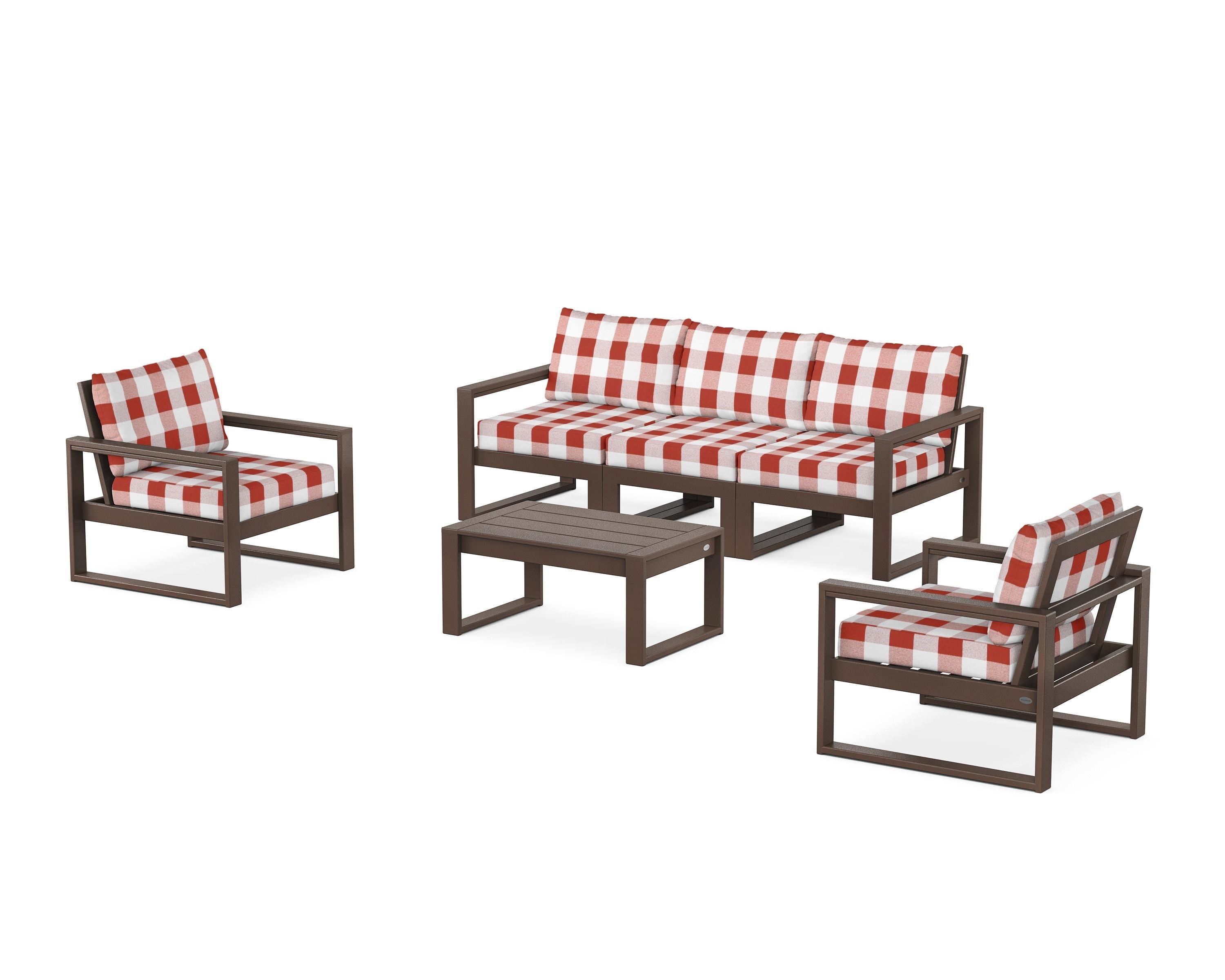 POLYWOOD® EDGE Sectional 4-Piece Deep Seating Set with Sofa in Mahogany / Buffalo Plaid Crimson