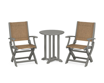 POLYWOOD® Coastal Folding 3-Piece Round Bistro Dining Set in Slate Grey / Burlap Sling