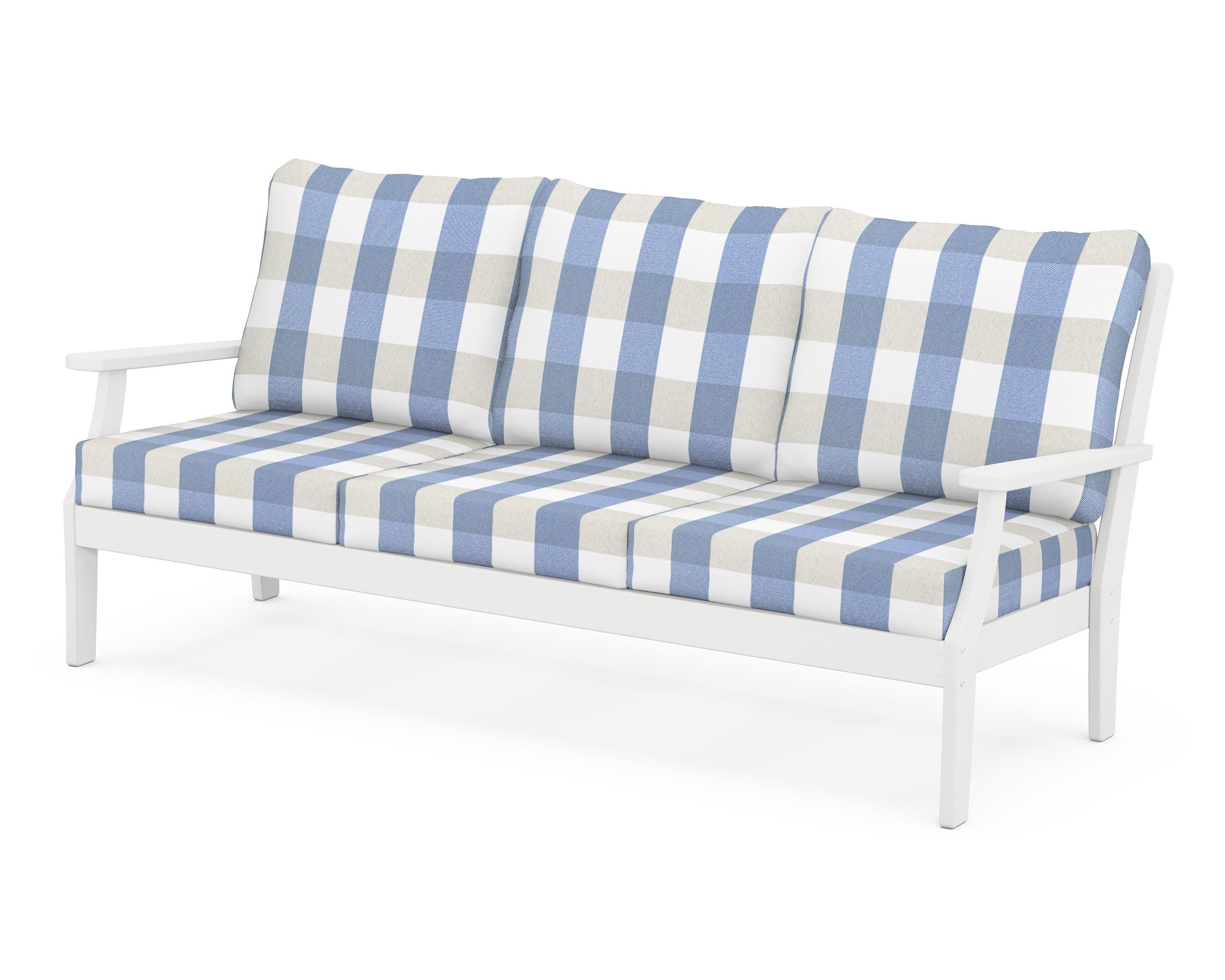 POLYWOOD® Braxton Deep Seating Sofa in White / Buffalo Plaid Sky Blue