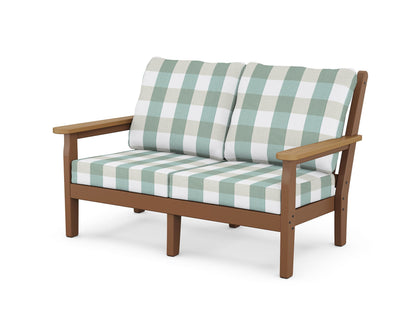 POLYWOOD® Chippendale Deep Seating Loveseat in Teak / Natural / Buffalo Plaid Glacier Spa