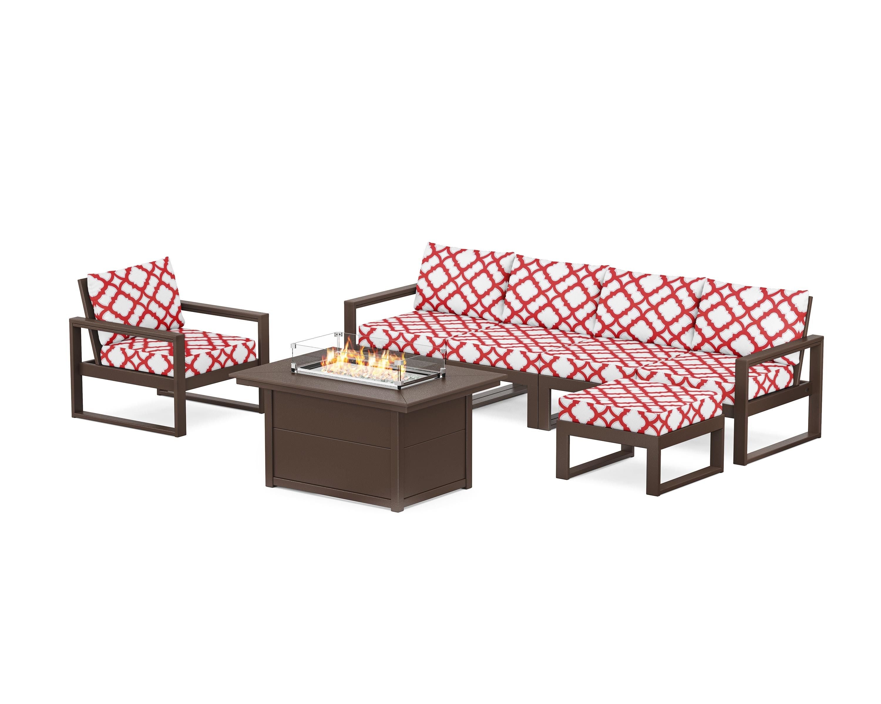 POLYWOOD® EDGE Sectional Lounge and Fire Pit Set in Mahogany / Trellis Crimson