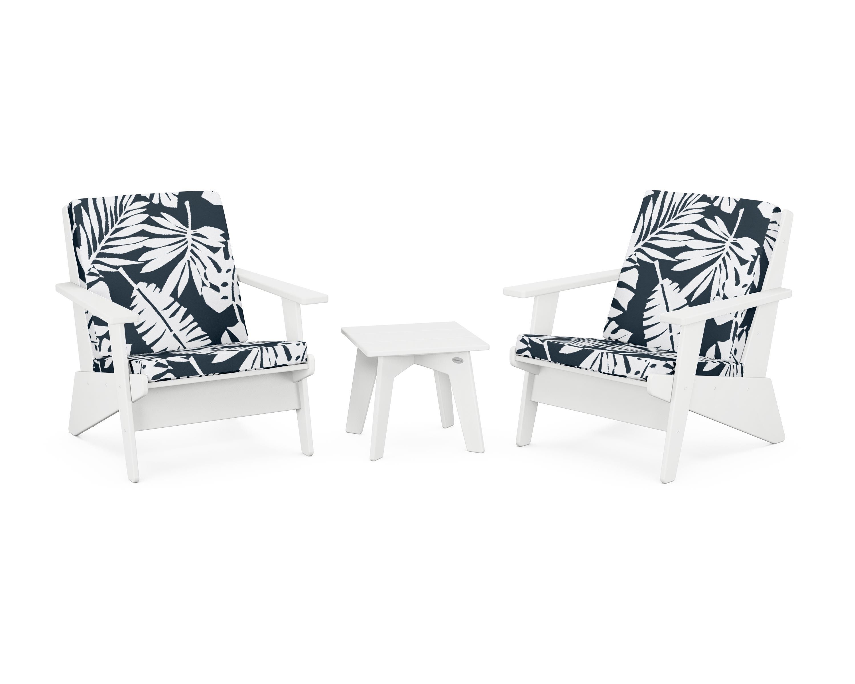 POLYWOOD® Riviera Modern Lounge 3-Piece Set in White / Leaf Marine Indigo