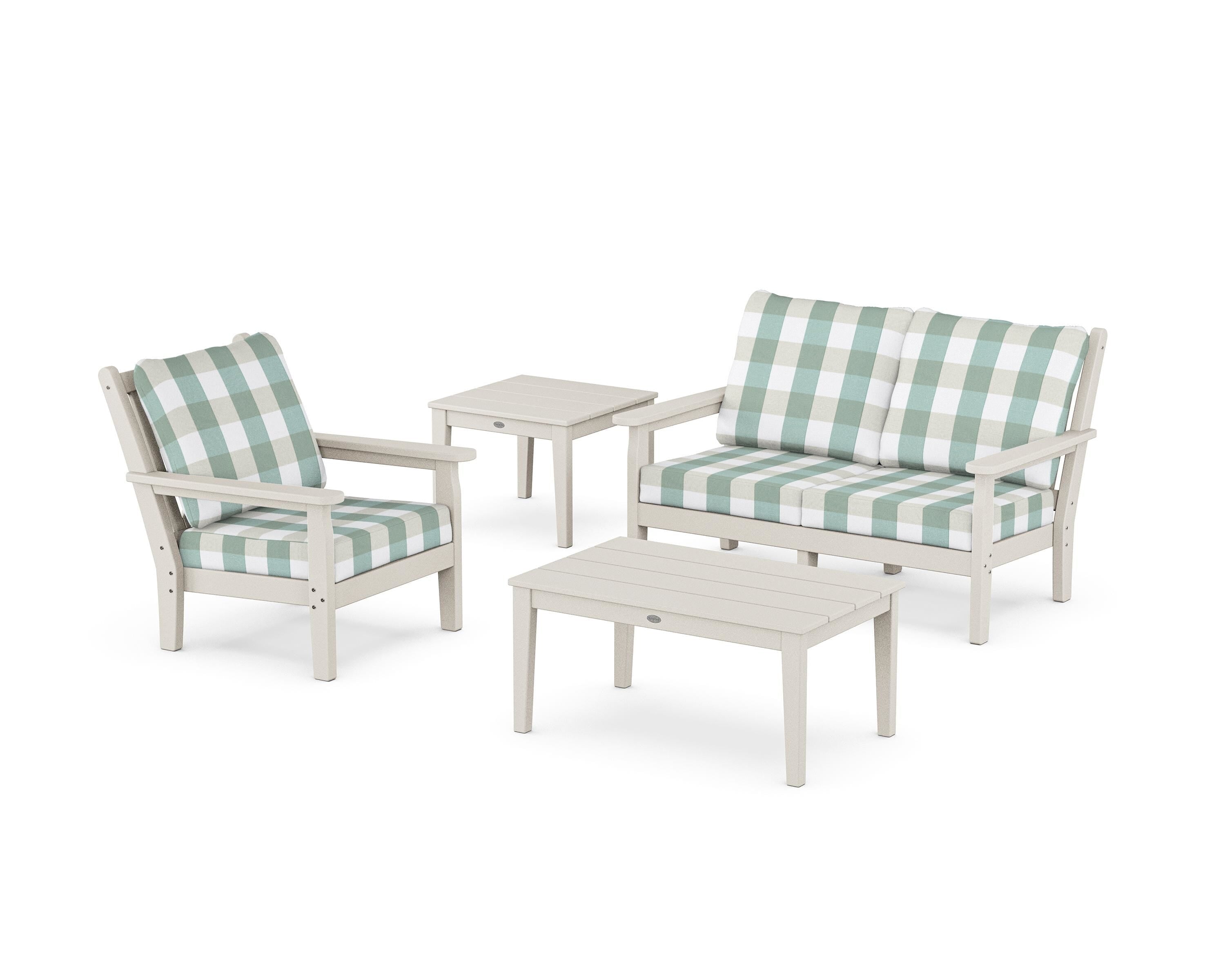 POLYWOOD® Chippendale 4-Piece Deep Seating Set in Sand / Buffalo Plaid Glacier Spa