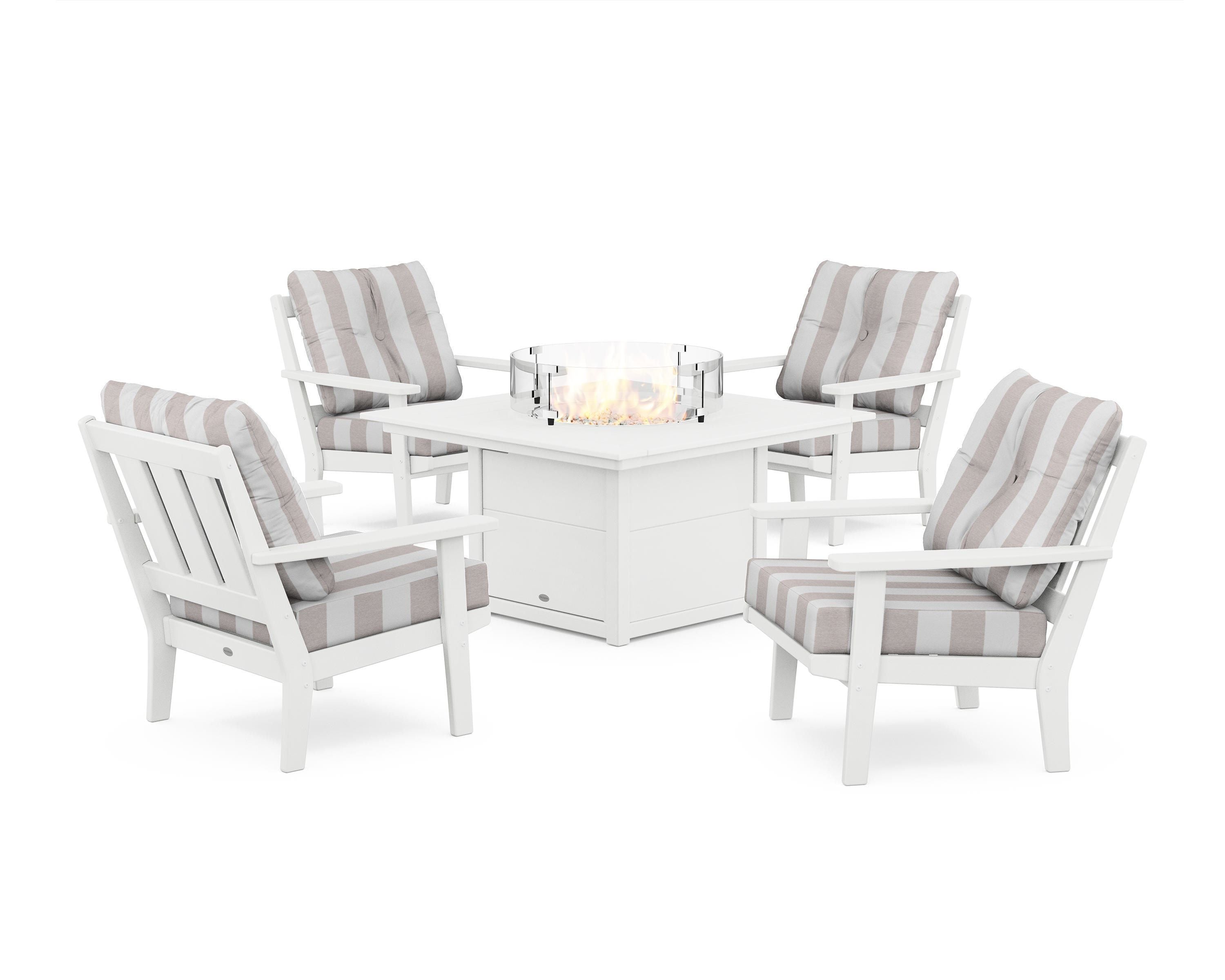 POLYWOOD® Oxford 5-Piece Deep Seating Set with Fire Pit Table in White / Cabana Stripe Dune Burlap